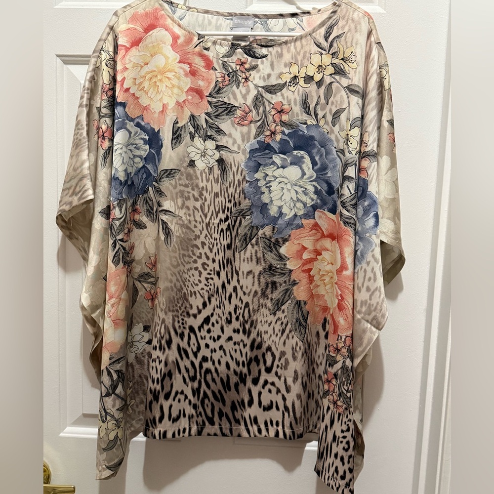 Chico's Beige and Blue Poncho Blouse